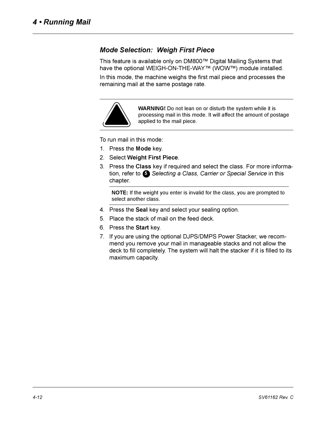 Pitney Bowes DM800 manual Mode Selection Weigh First Piece, Select Weight First Piece 