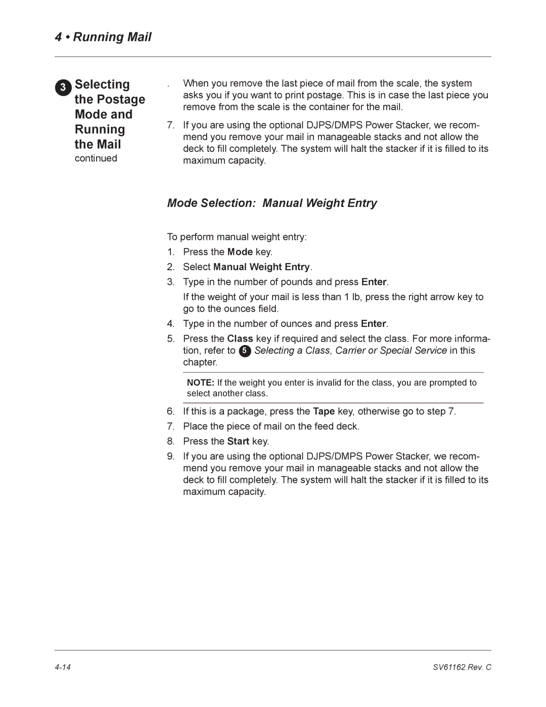 Pitney Bowes DM800 manual Mail, Selecting the Postage Mode and Running, Mode Selection Manual Weight Entry 