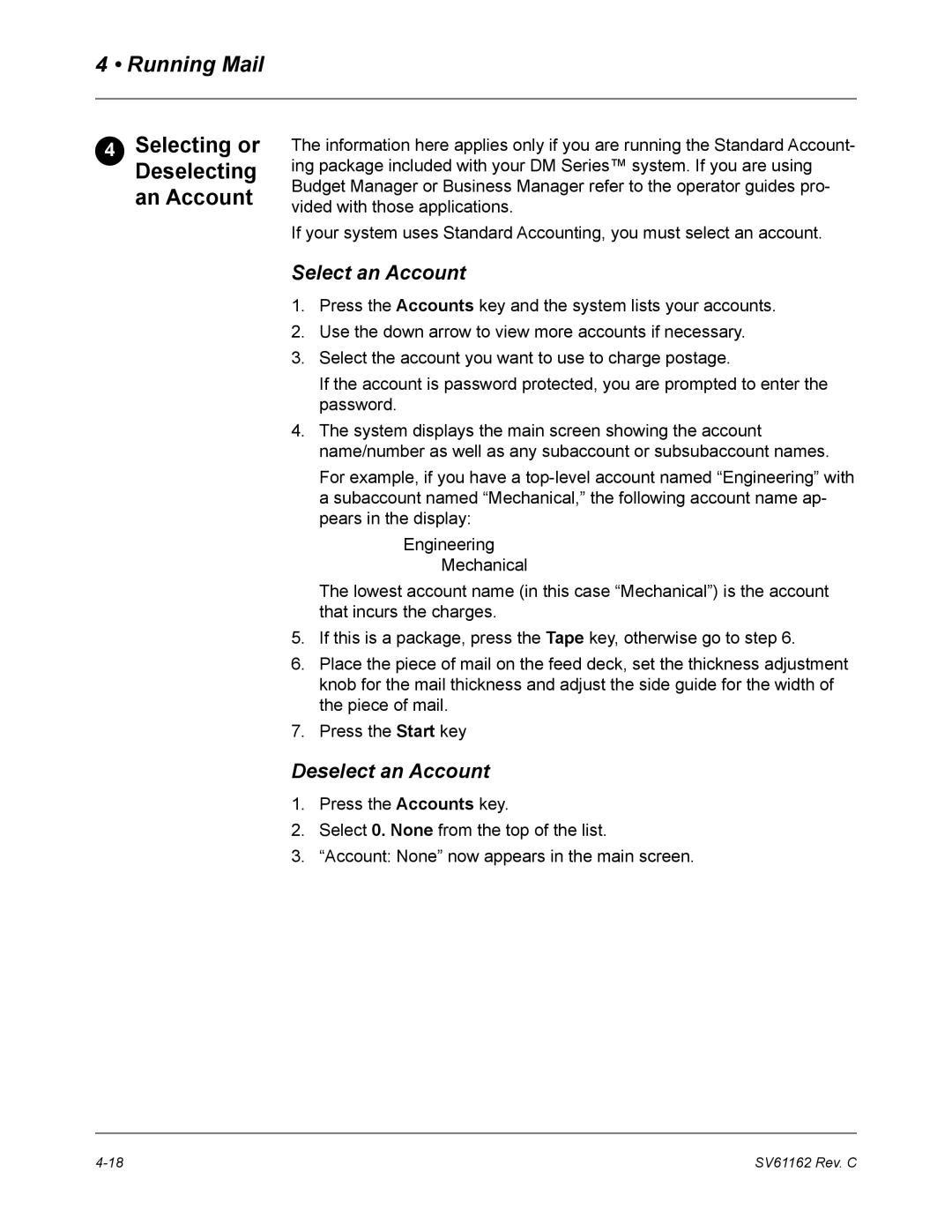 Pitney Bowes DM800 manual Selecting or Deselecting an Account, Select an Account, Deselect an Account 