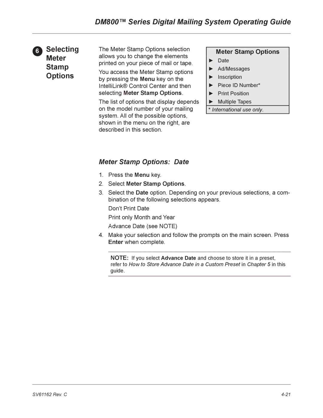 Pitney Bowes DM800 manual Meter Stamp Options Date, Select Meter Stamp Options 