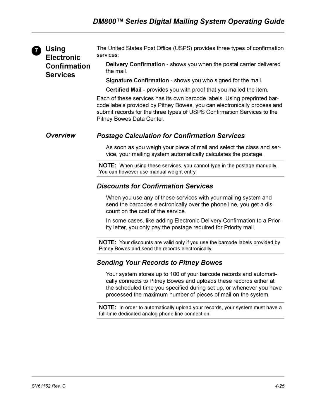 Pitney Bowes DM800 manual Using Electronic Confirmation Services, Overview Postage Calculation for Confirmation Services 