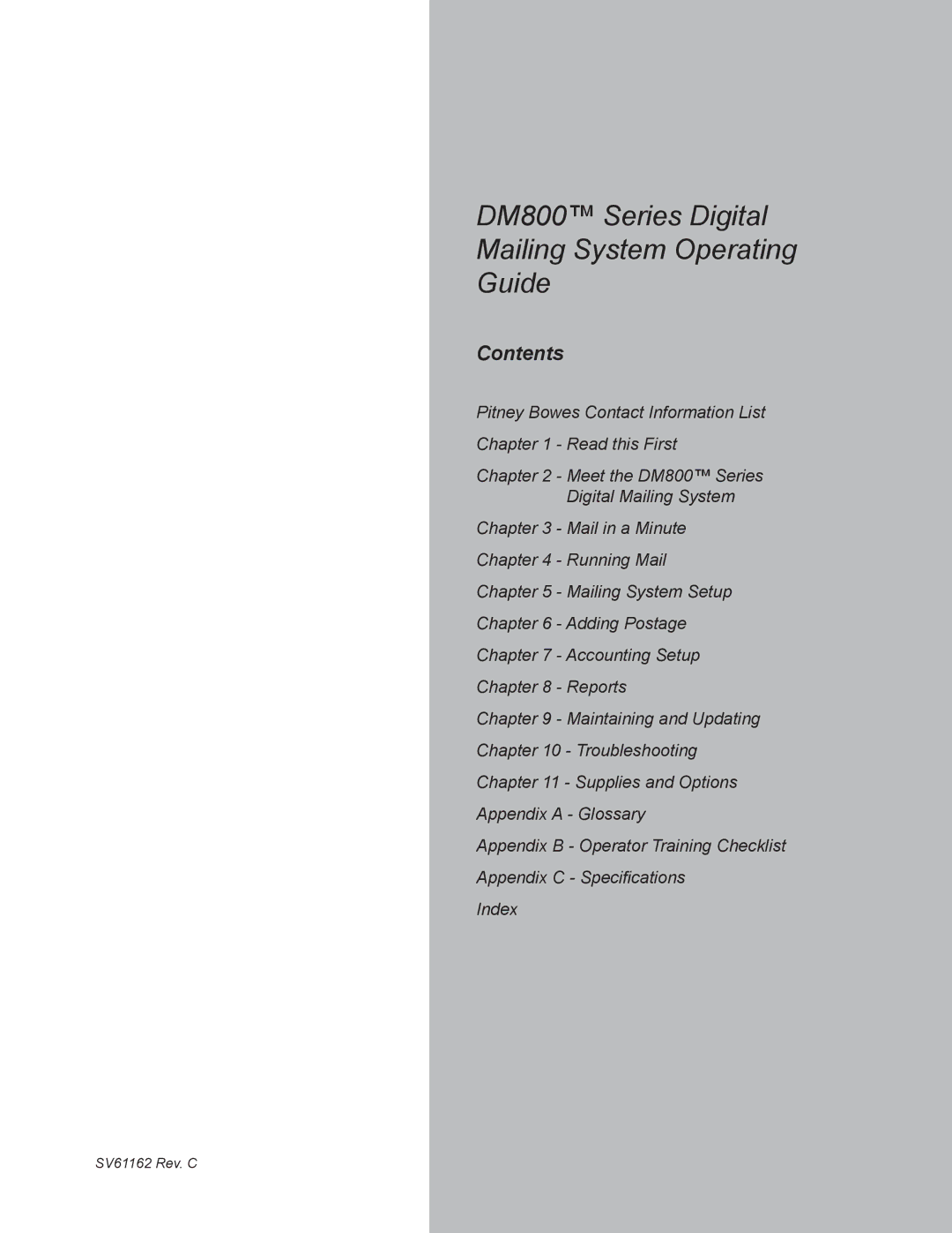 Pitney Bowes manual DM800 Series Digital Mailing System Operating Guide, Contents 