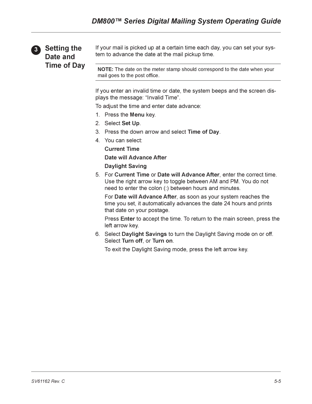 Pitney Bowes DM800 manual Setting the Date and Time of Day, Current Time Date will Advance After Daylight Saving 