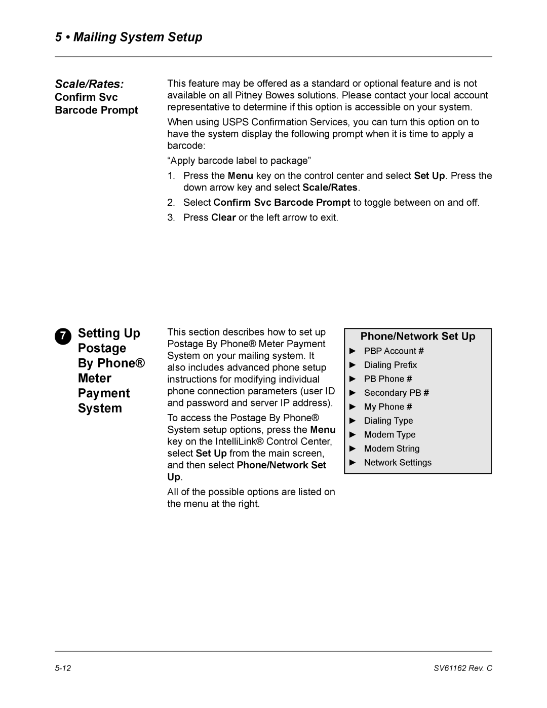 Pitney Bowes DM800 Setting Up Postage By Phone Meter Payment System, Confirm Svc Barcode Prompt, Phone/Network Set Up 