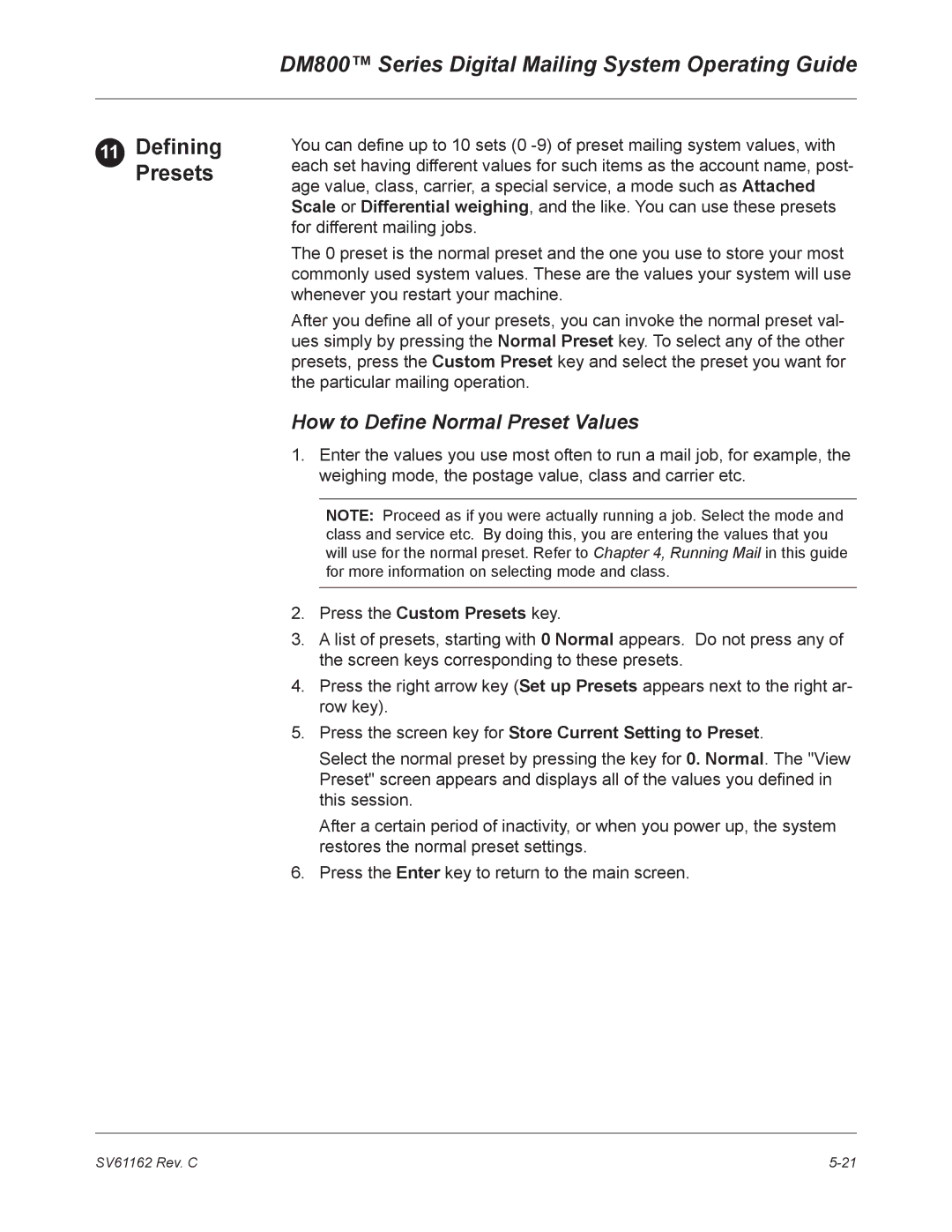 Pitney Bowes DM800 manual Defining, How to Define Normal Preset Values, Press the Custom Presets key 