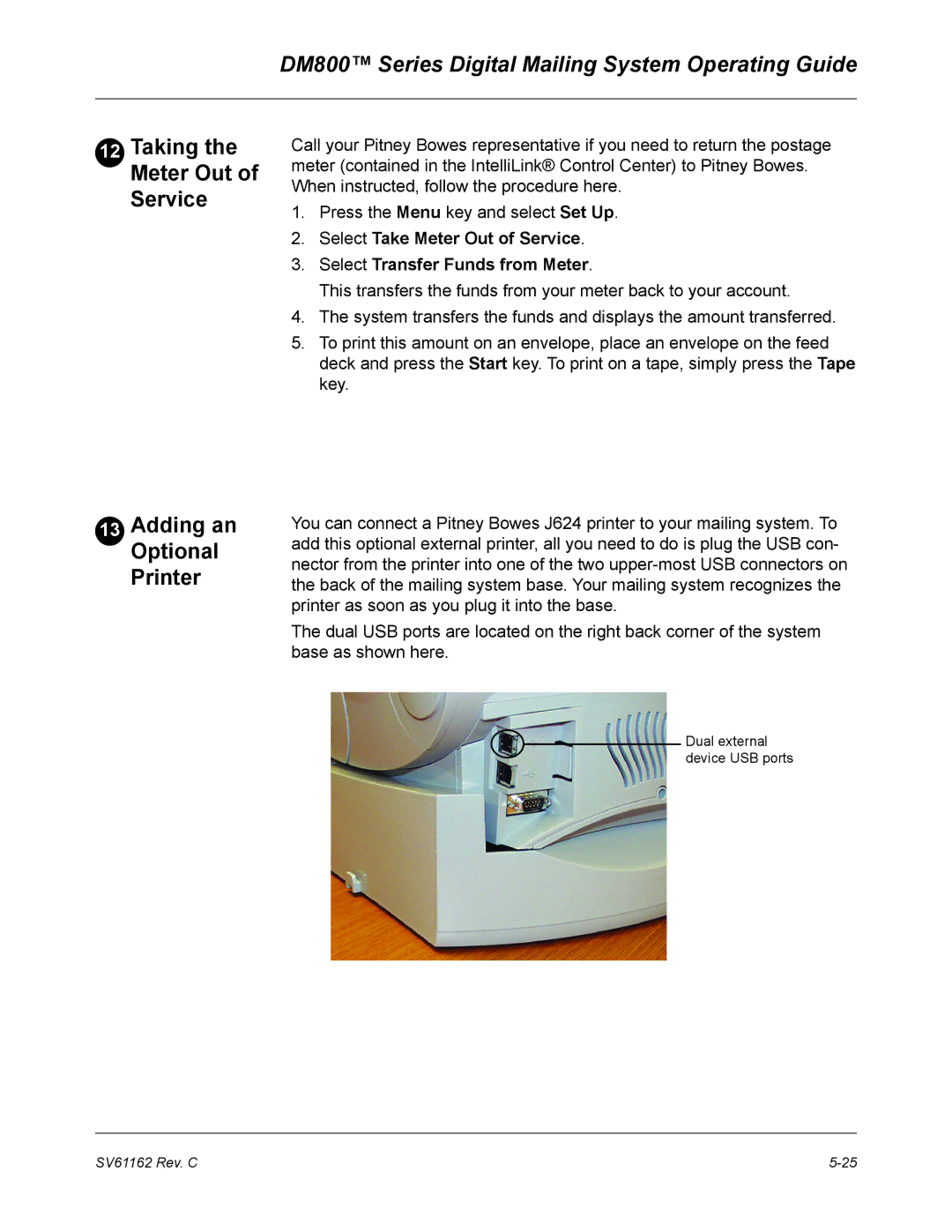 Pitney Bowes DM800 manual Taking the Meter Out of Service Adding an Optional Printer 