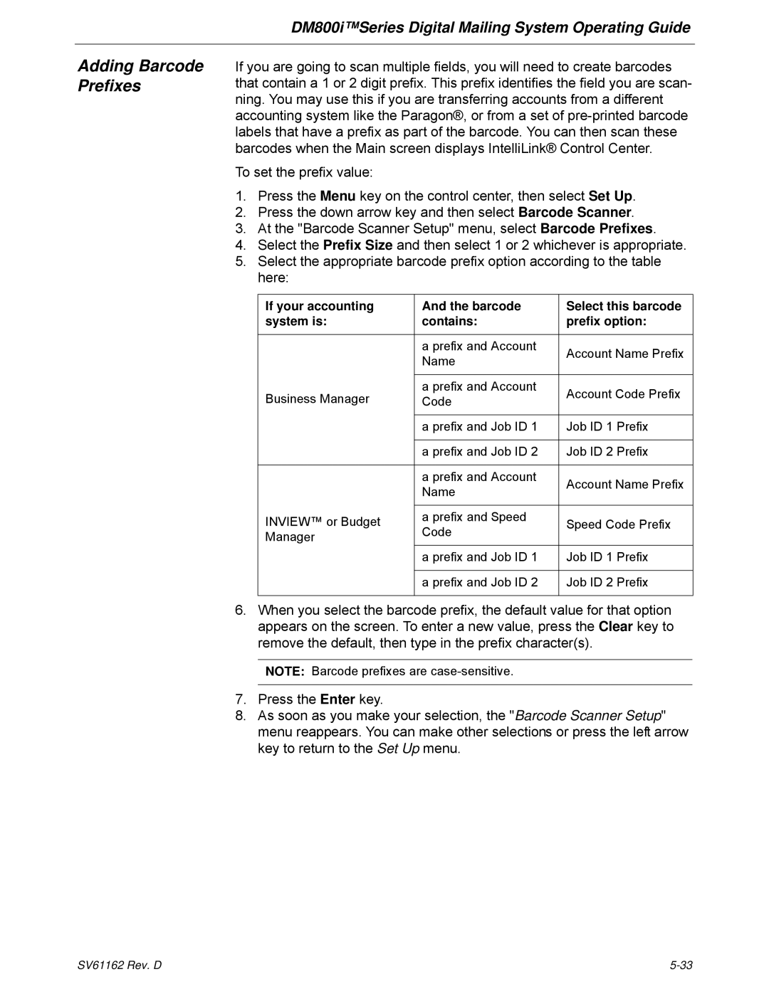 Pitney Bowes DM800i Series manual Adding Barcode Prefixes 