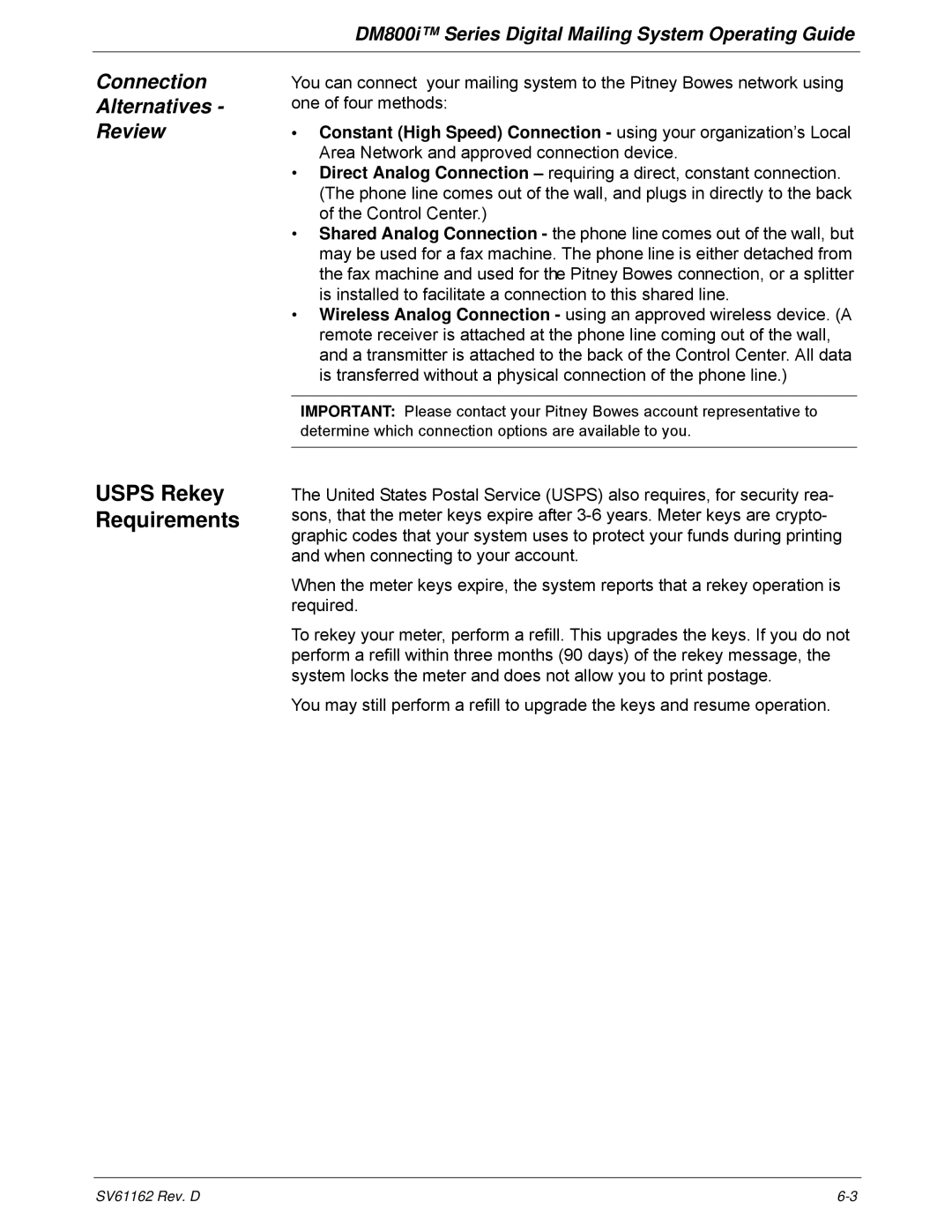 Pitney Bowes DM800i Series manual Usps Rekey Requirements, Connection Alternatives Review 