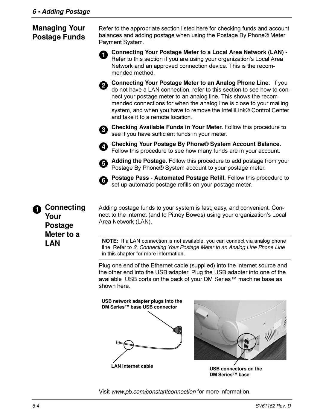 Pitney Bowes DM800i Series manual Lan, Managing Your Postage Funds 