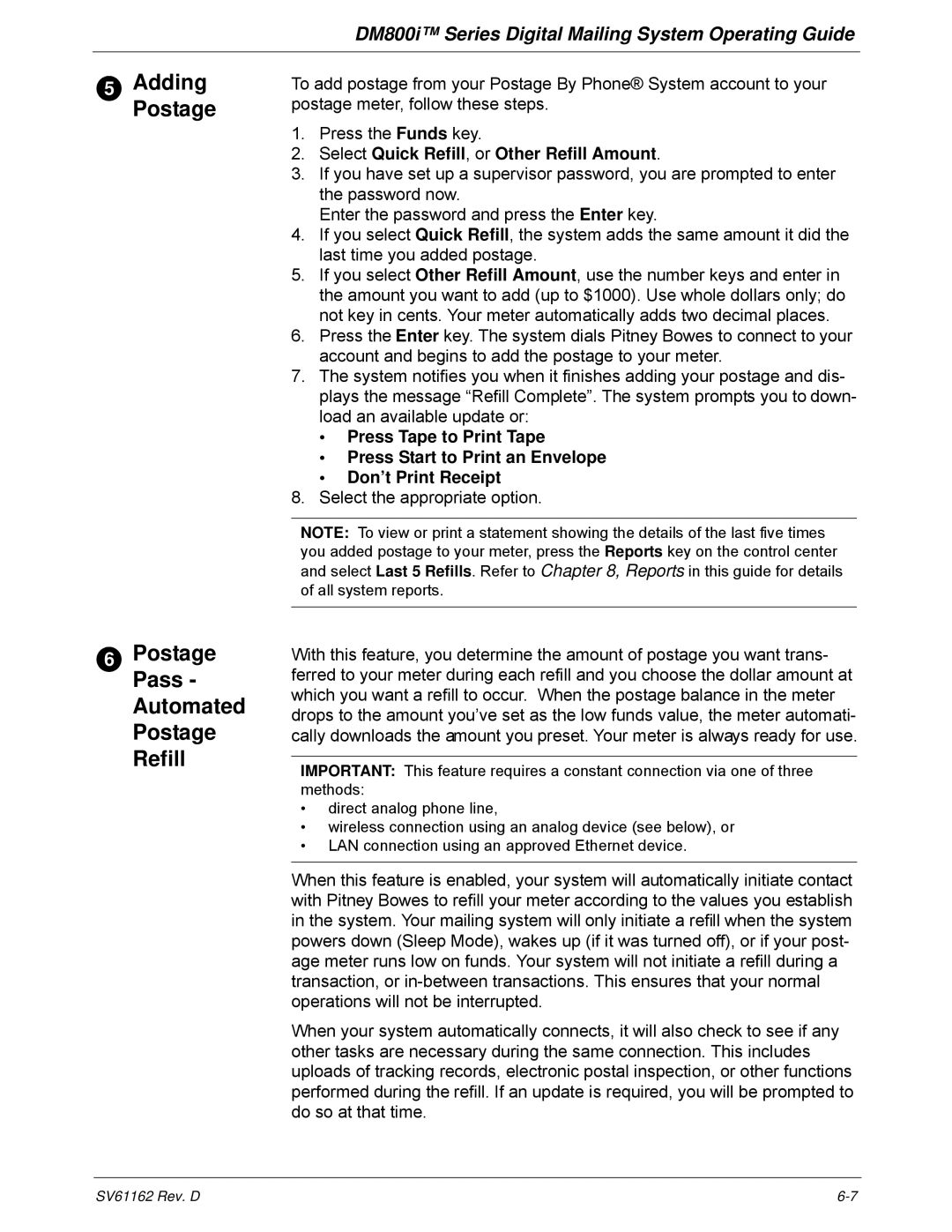 Pitney Bowes DM800i Series manual Adding, Postage Pass Automated Postage Refill, Postage meter, follow these steps 