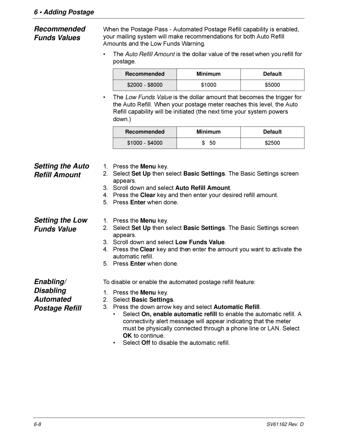 Pitney Bowes DM800i Series manual Recommended Minimum Default $2000 $8000 $1000 $5000 