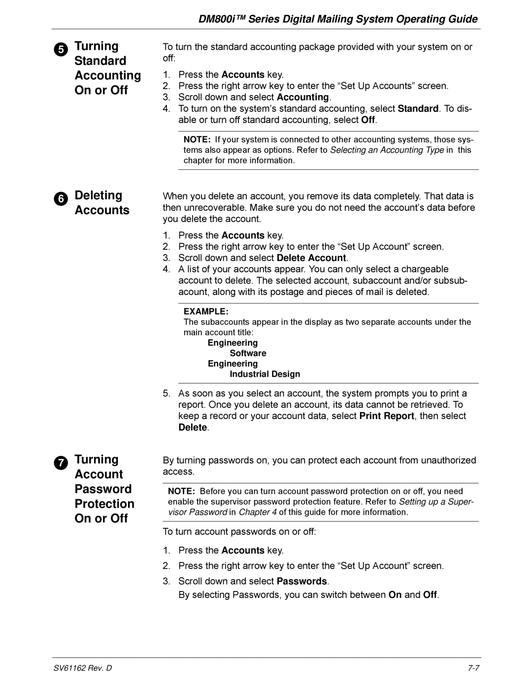 Pitney Bowes DM800i Series manual DeletingAccounts, Delete 