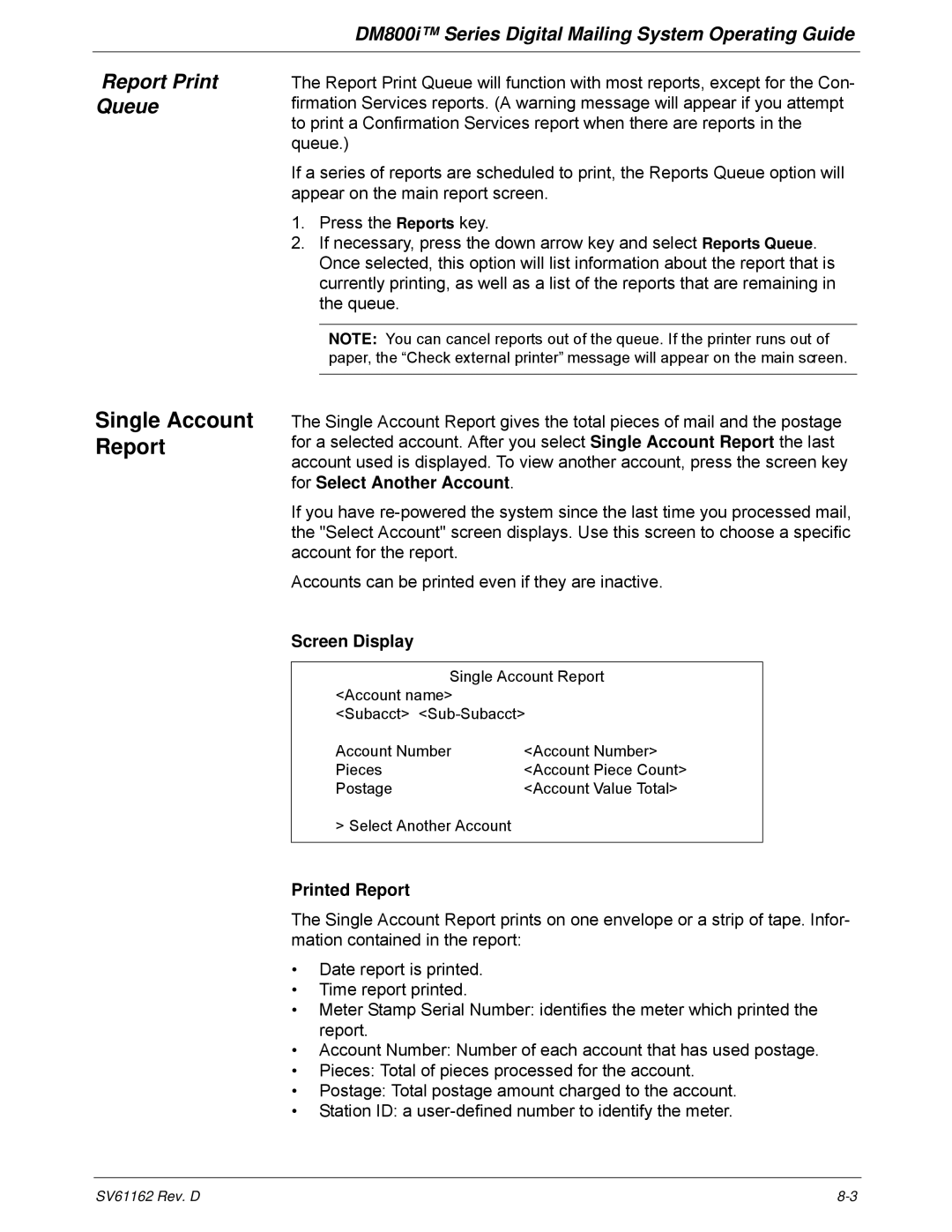 Pitney Bowes DM800i Series manual Single Account Report, Report Print Queue, Screen Display, Printed Report 