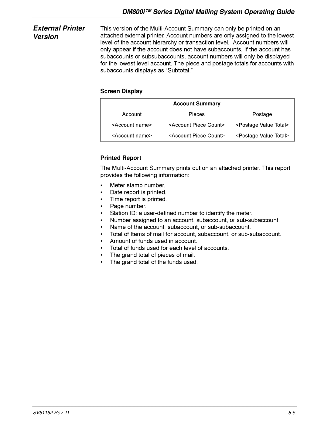 Pitney Bowes DM800i Series manual External Printer Version 