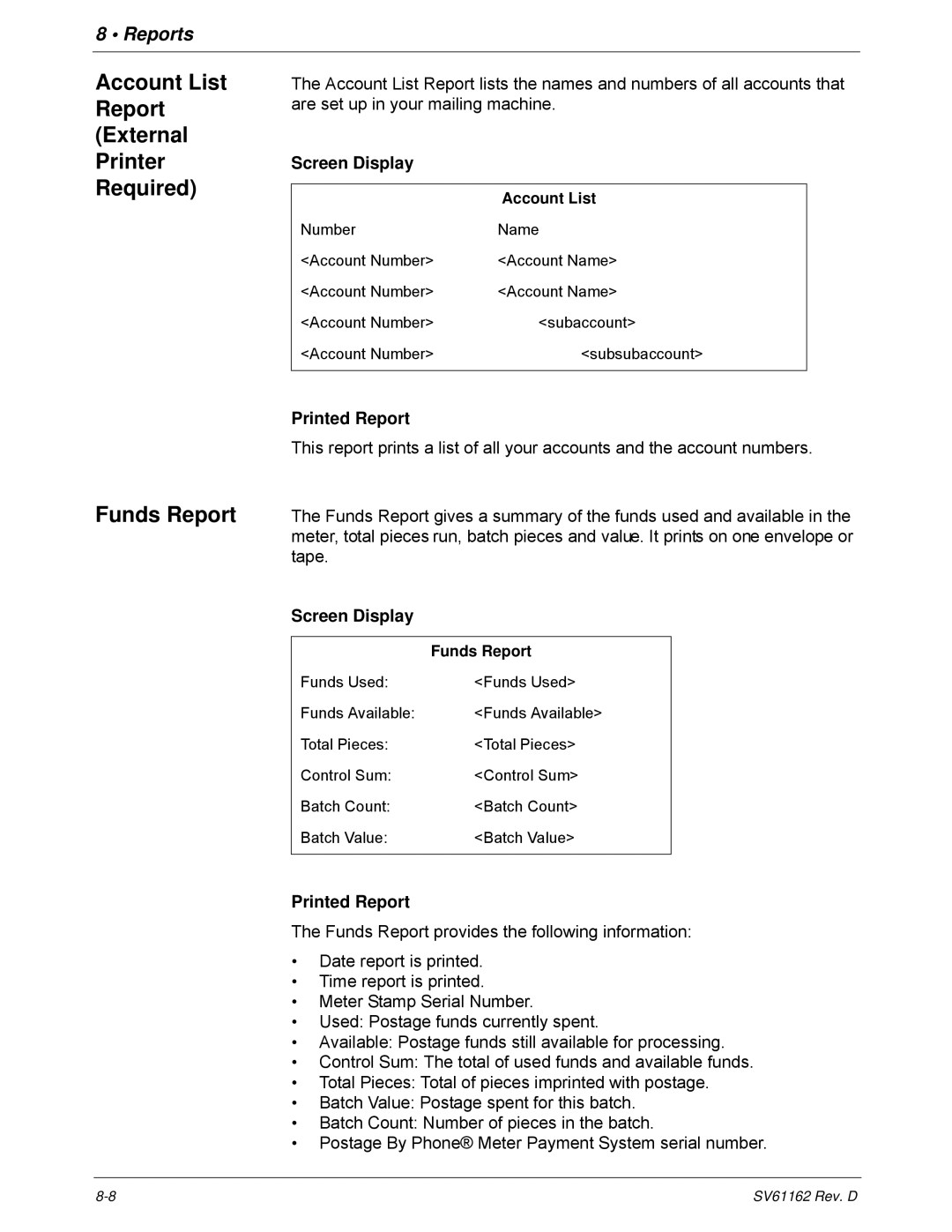 Pitney Bowes DM800i Series manual Account List Report External Printer Required Funds Report 