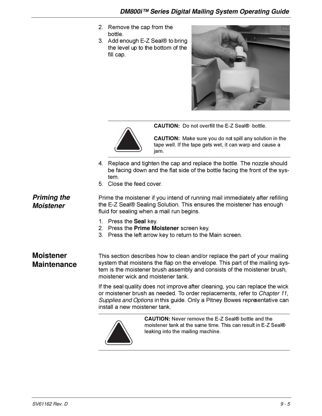 Pitney Bowes DM800i Series manual Moistener  Maintenance, Priming the Moistener 