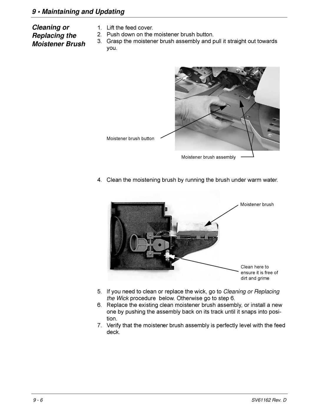 Pitney Bowes DM800i Series manual Moistener brush button Moistener brush assembly 