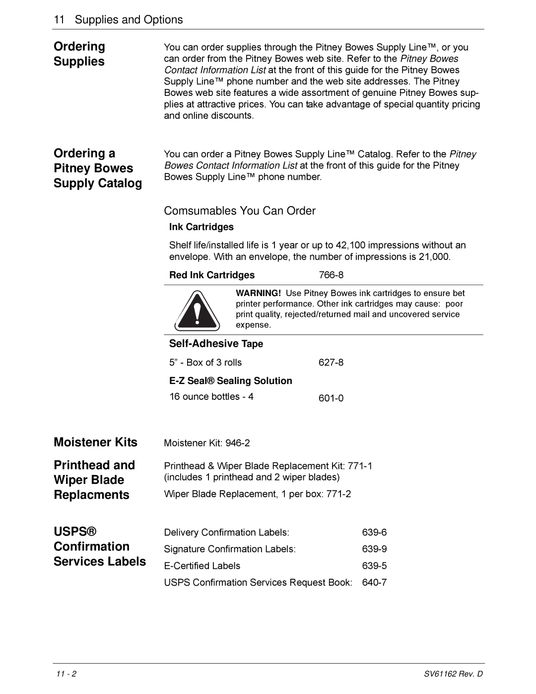 Pitney Bowes DM800i Series manual Confirmation Services Labels, Supplies and Options, Comsumables You Can Order 