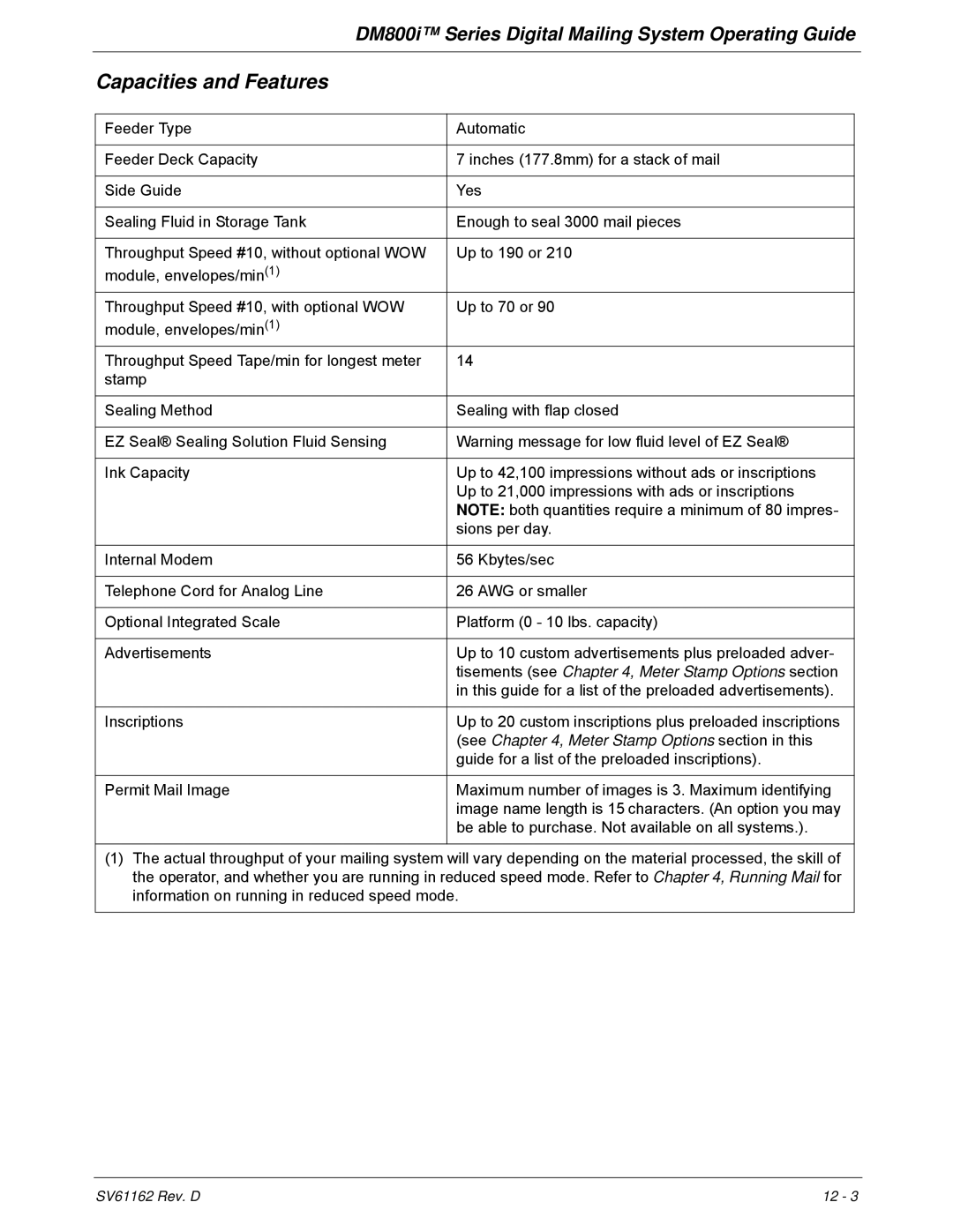 Pitney Bowes DM800i Series manual Capacities and Features, Tisements see , Meter Stamp Options section 