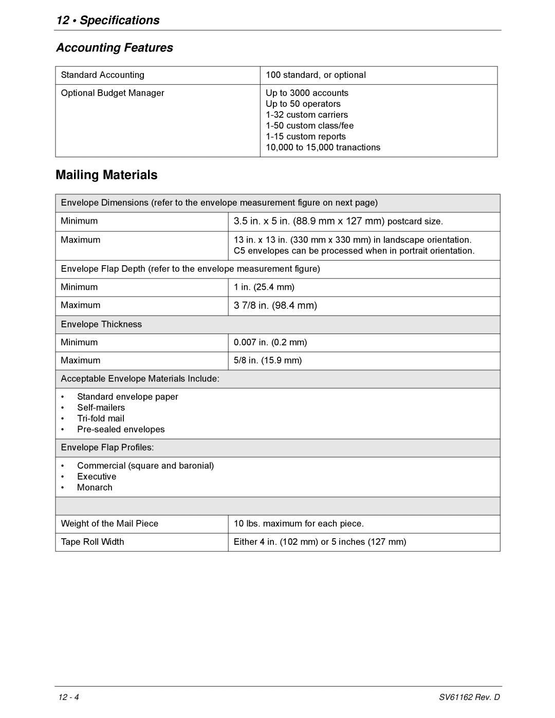 Pitney Bowes DM800i Series manual Mailing Materials, Specifications Accounting Features 