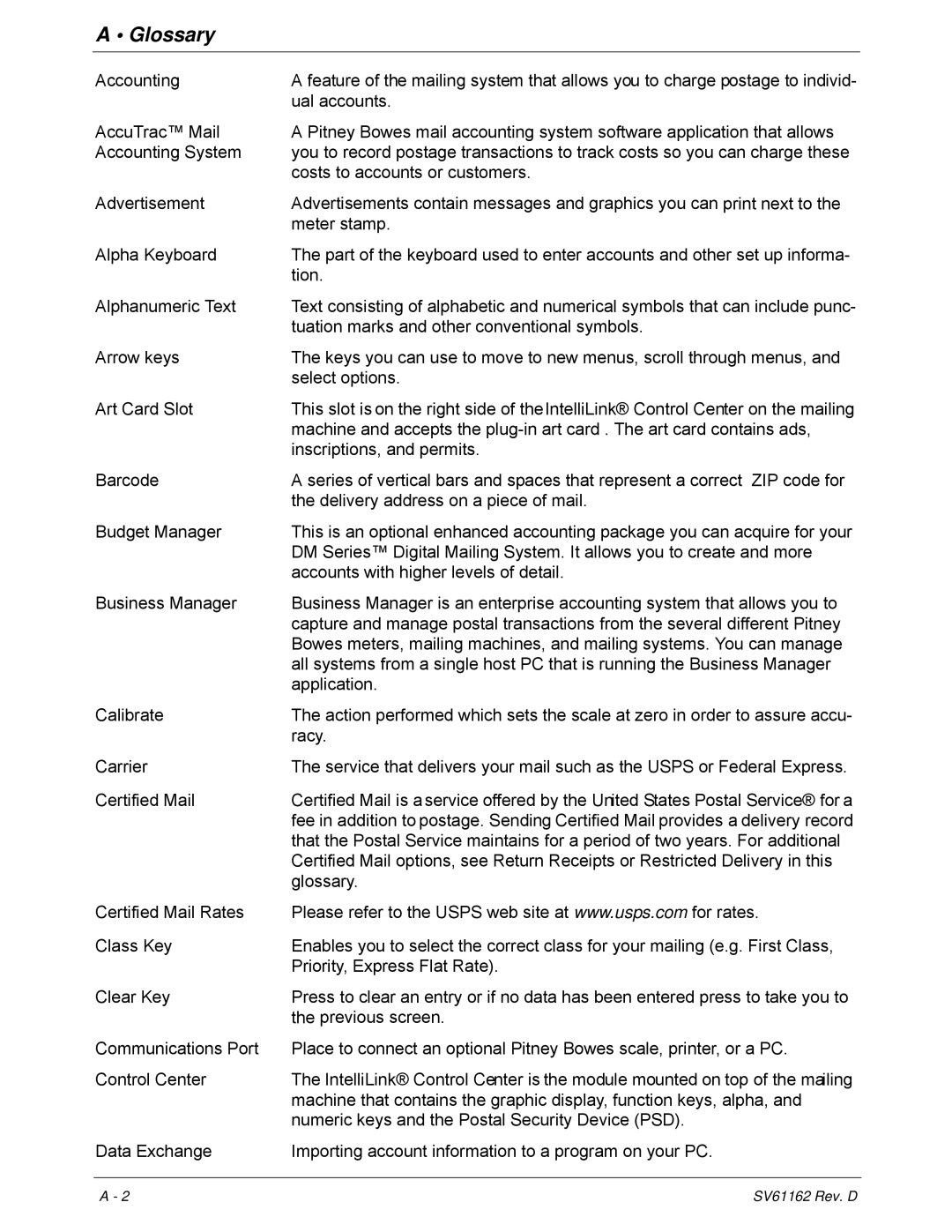 Pitney Bowes DM800i Series manual Glossary 