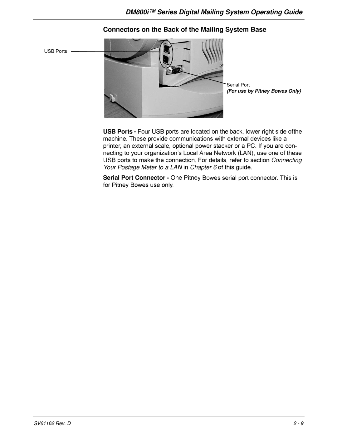 Pitney Bowes DM800i Series manual Connectors on the Back of the Mailing System Base 