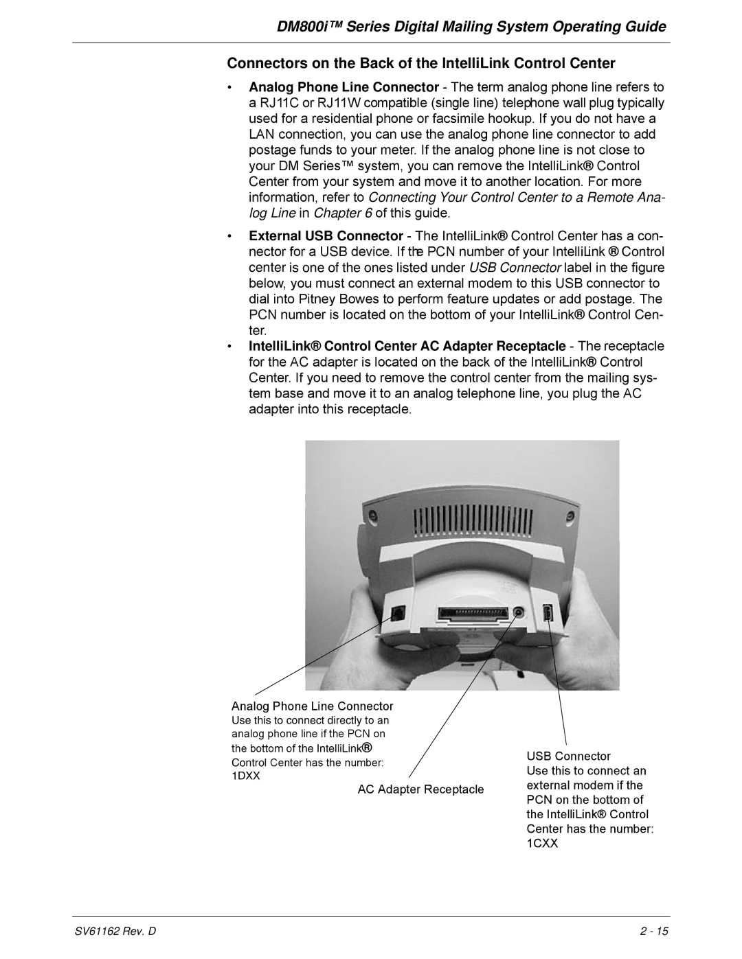 Pitney Bowes DM800i Series manual Connectors on the Back of the IntelliLink Control Center, Analog Phone Line Connector 