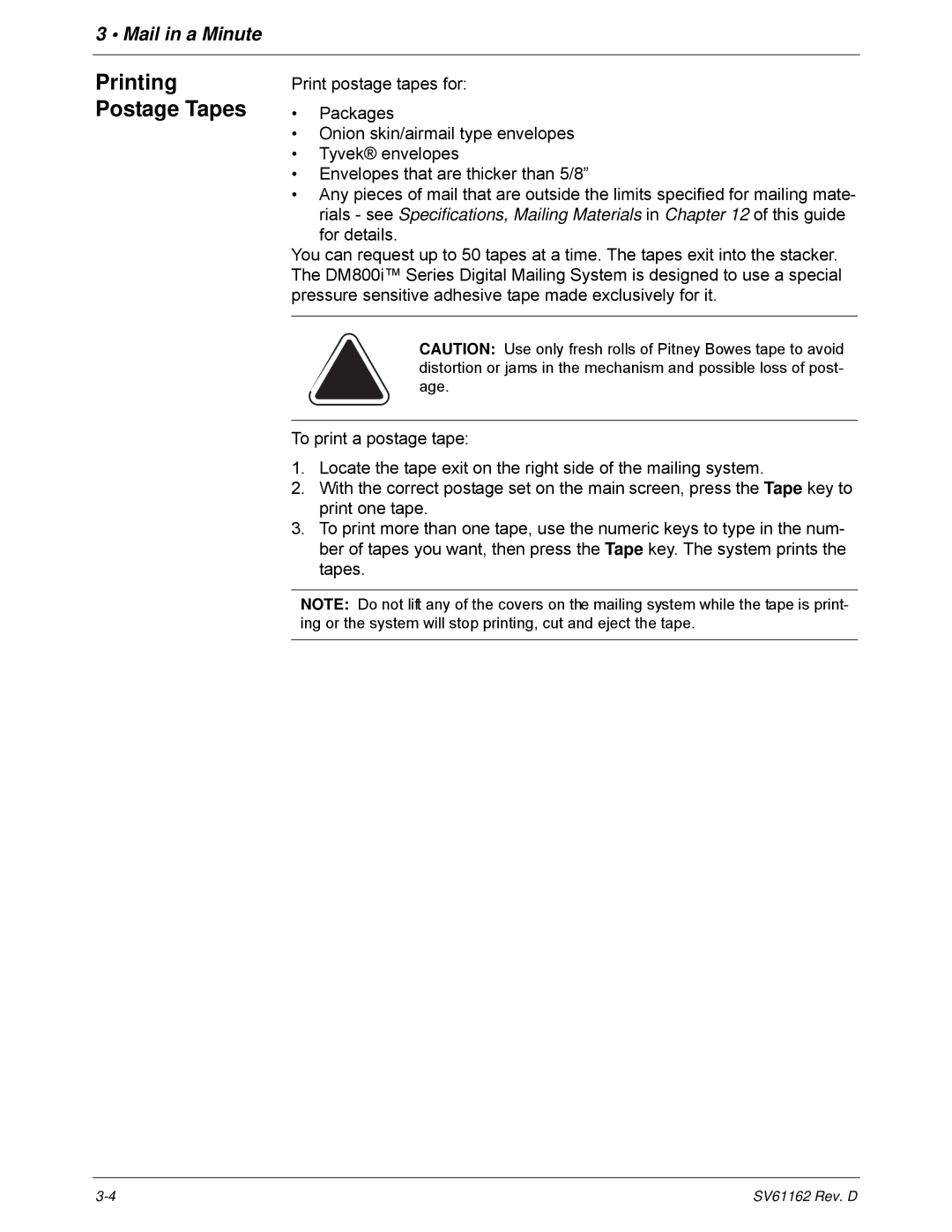 Pitney Bowes DM800i Series manual Printing Postage Tapes 