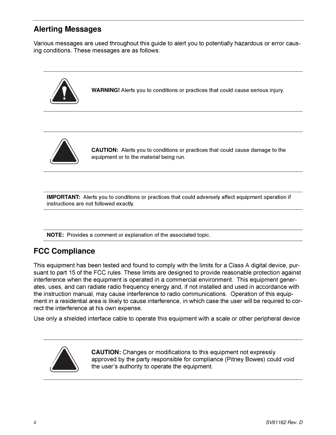 Pitney Bowes DM800i Series manual Alerting Messages, FCC Compliance 