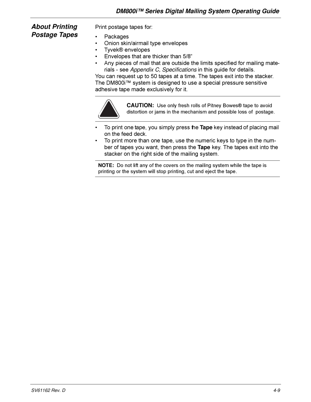 Pitney Bowes DM800i Series manual About Printing Postage Tapes 