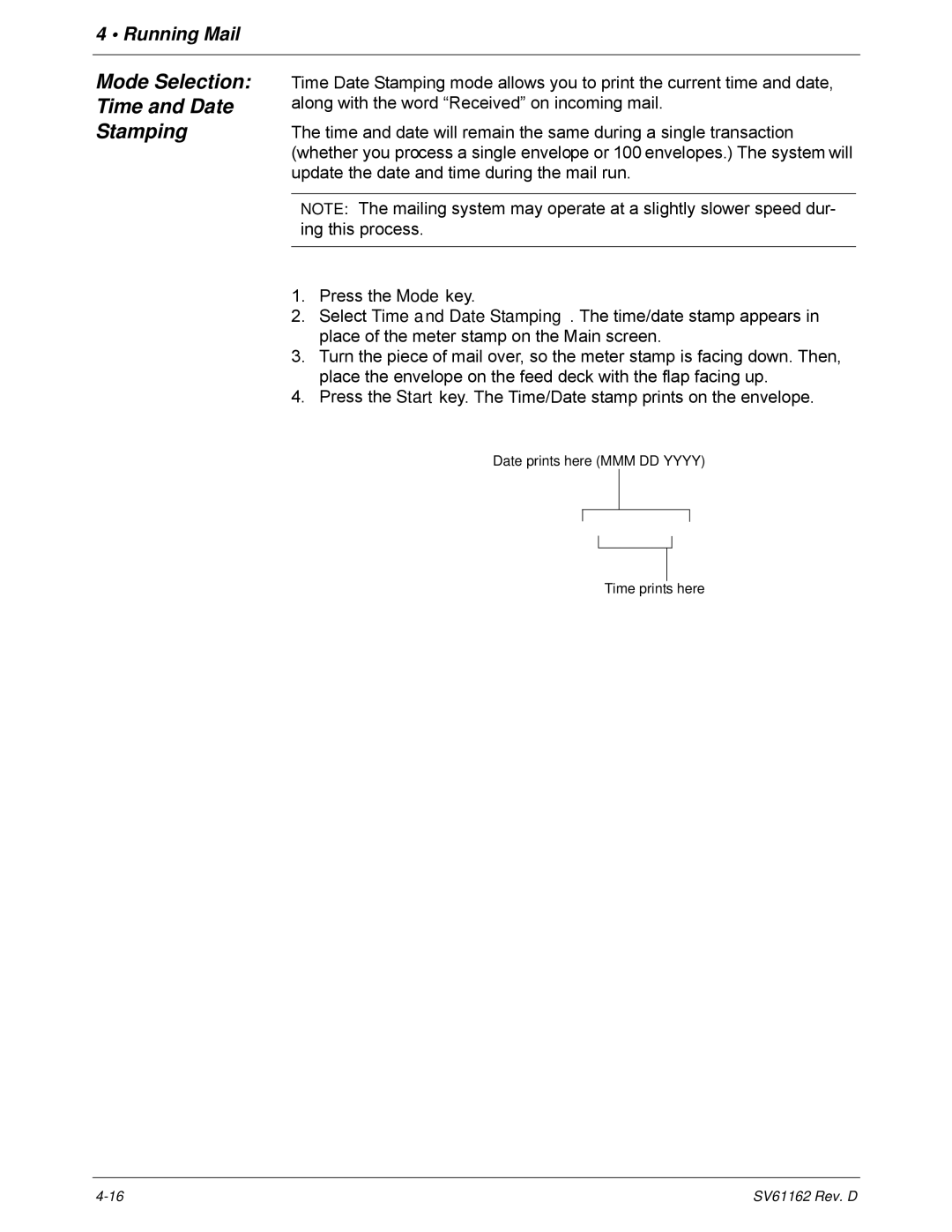 Pitney Bowes DM800i Series manual Mode Selection Time and Date Stamping 