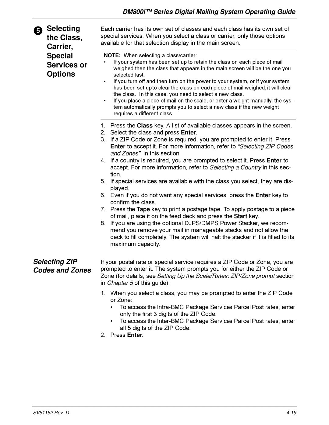 Pitney Bowes DM800i Series manual Selecting the Class, Carrier, Special Services or Options, Selecting ZIP Codes and Zones 