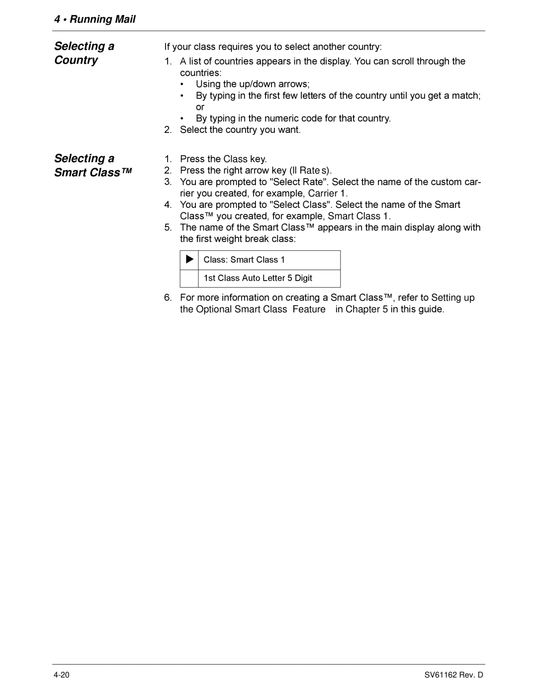 Pitney Bowes DM800i Series manual Selecting a Country Selecting a Smart Class 