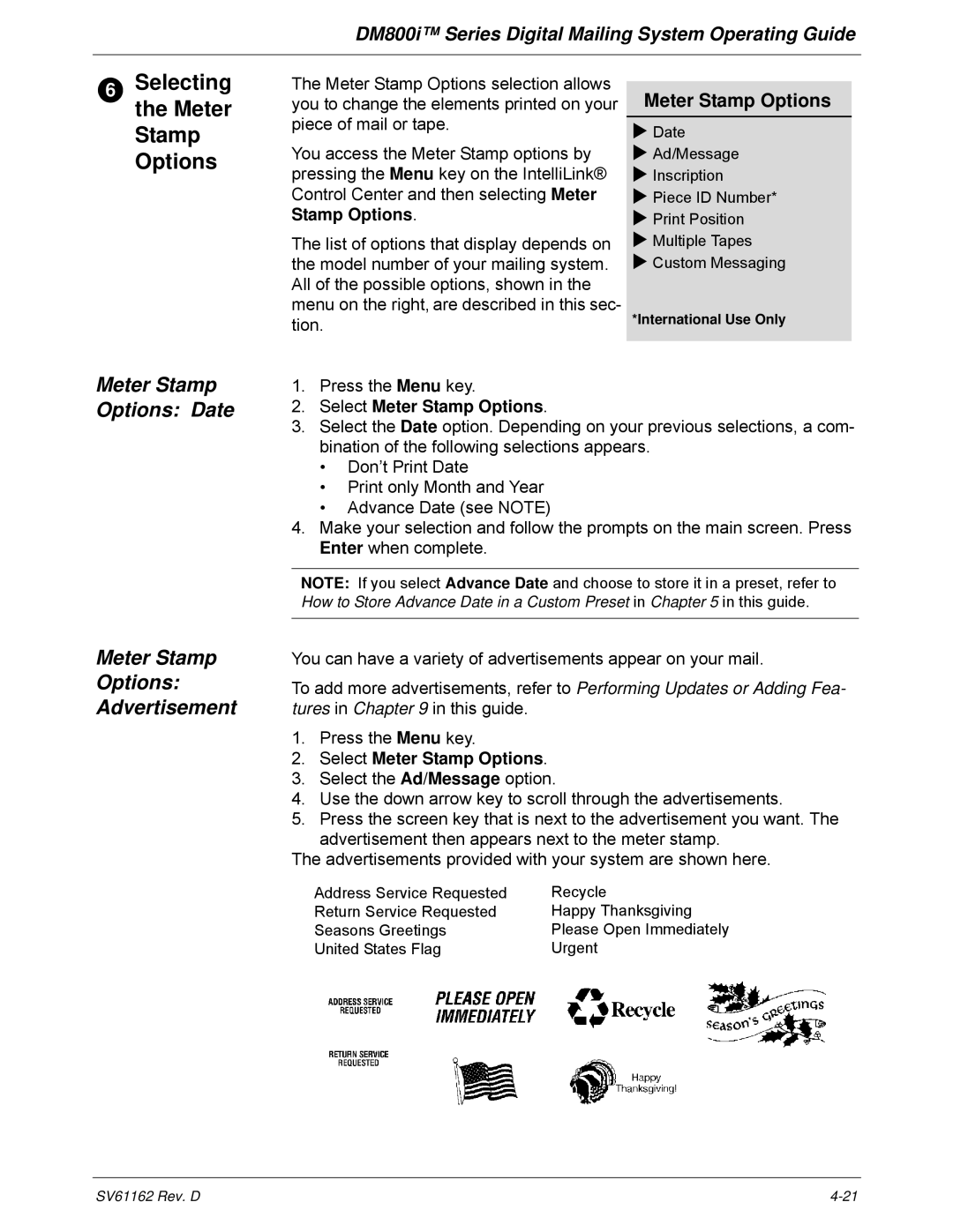 Pitney Bowes DM800i Series Selecting the Meter Stamp Options, Meter Stamp Options Date, Meter Stamp Options Advertisement 