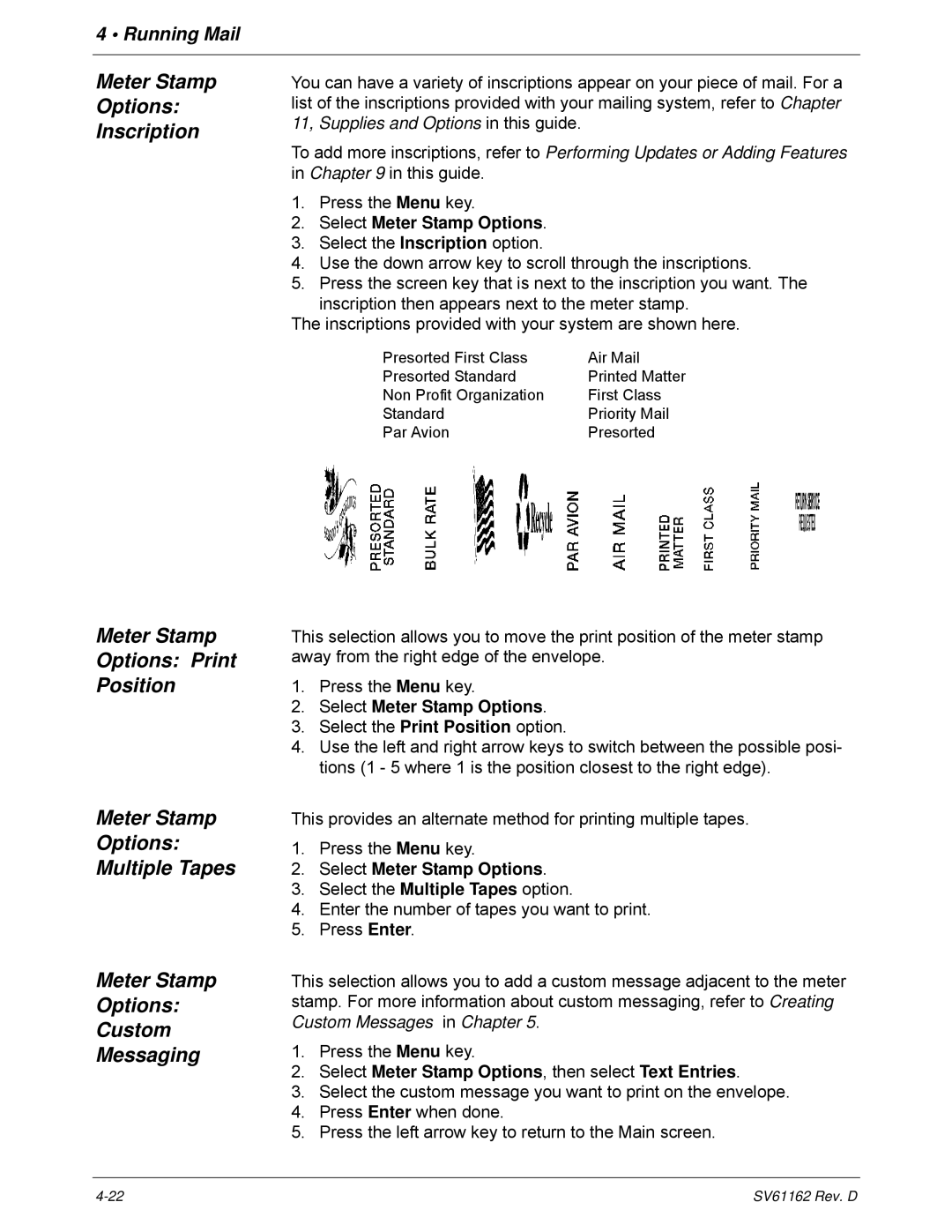 Pitney Bowes DM800i Series manual Select Meter Stamp Options, then select Text Entries 