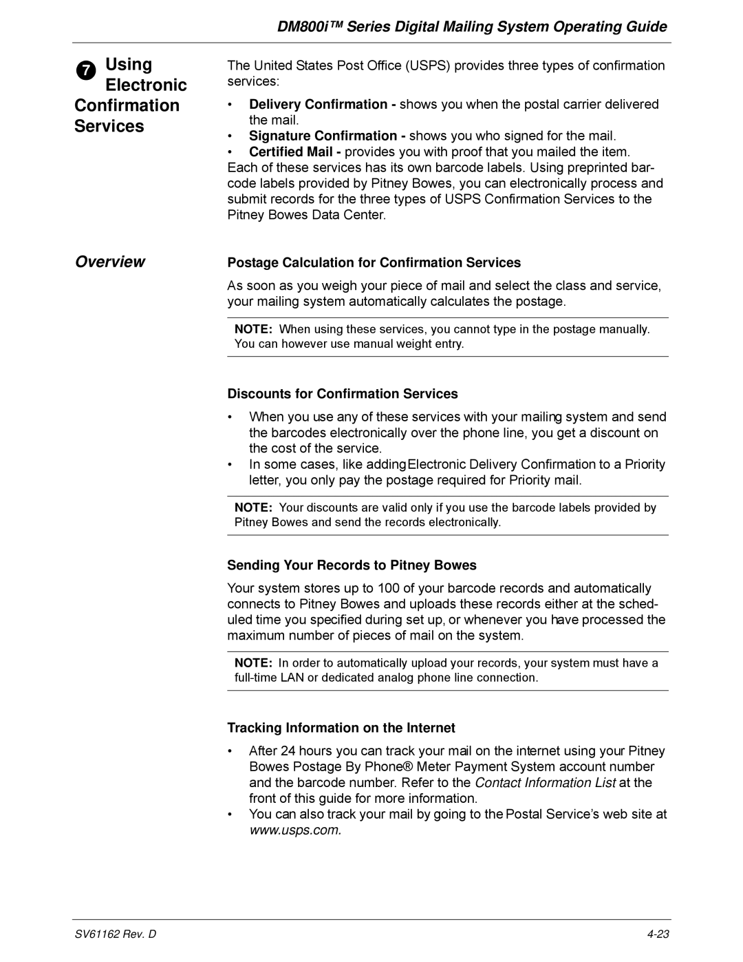 Pitney Bowes DM800i Series Overview, Postage Calculation for Confirmation Services, Discounts for Confirmation Services 