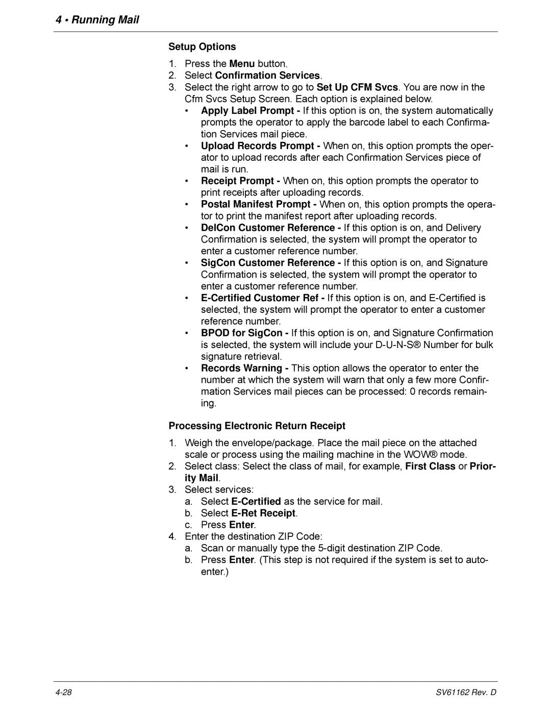 Pitney Bowes DM800i Series manual Setup Options, Select Confirmation Services, Processing Electronic Return Receipt 