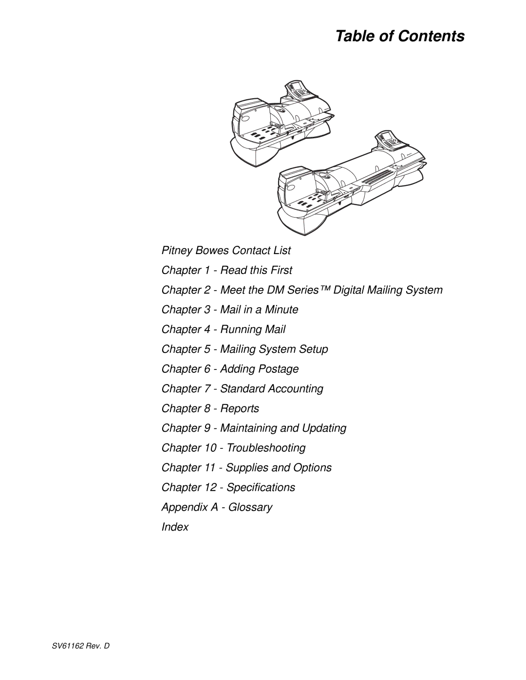 Pitney Bowes DM800i Series manual Table of Contents 