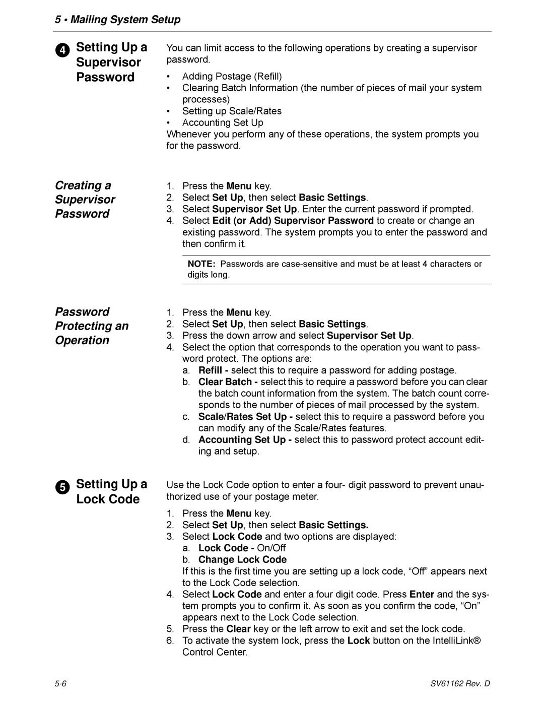 Pitney Bowes DM800i Series manual Setting Up a Supervisor Password, Setting Up a Lock Code, Creating a Supervisor Password 