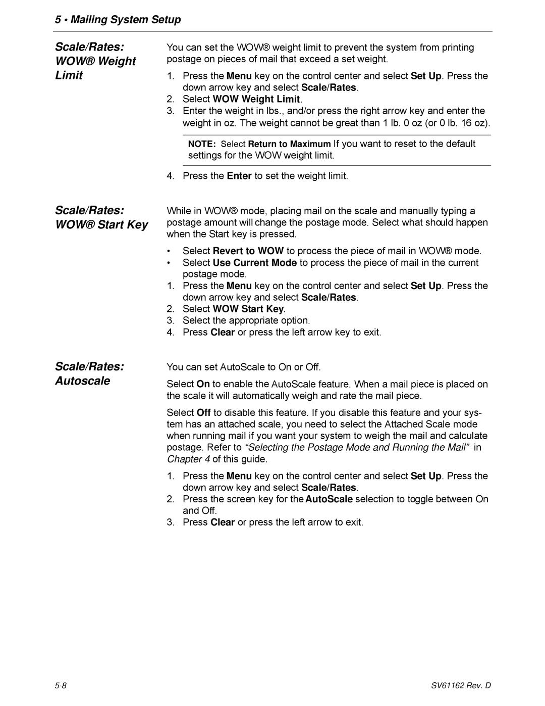 Pitney Bowes DM800i Series manual Scale/Rates WOW Weight Limit WOW Start Key Autoscale, Select WOW Weight Limit 