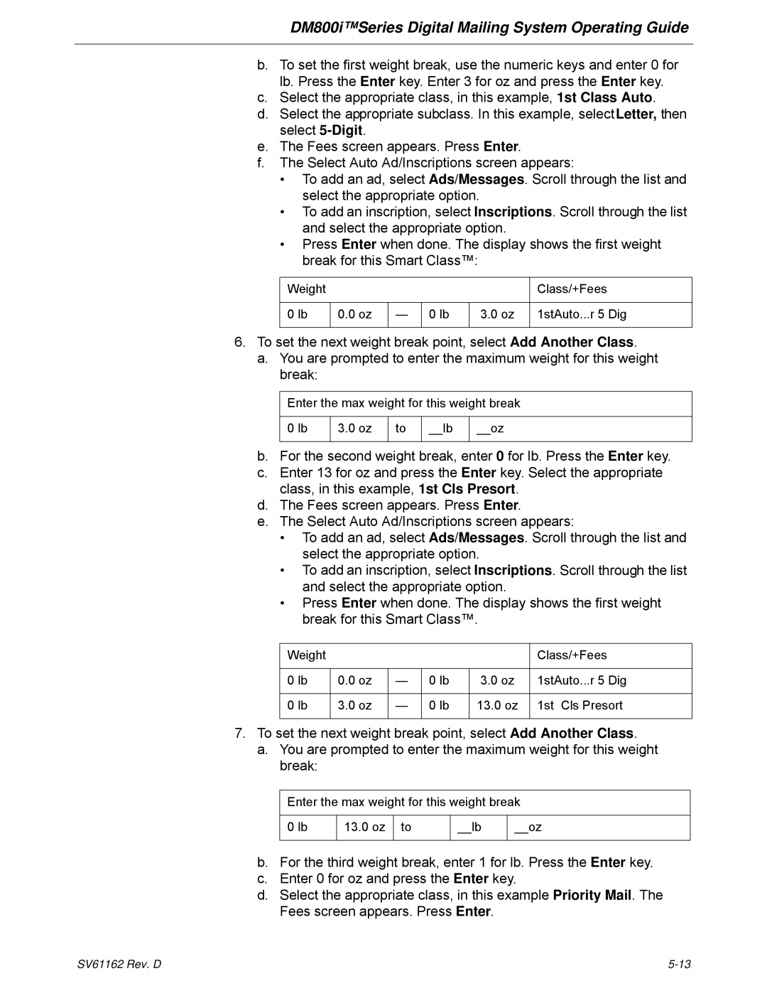 Pitney Bowes DM800i Series manual To set the next weight break point, select Add Another Class 