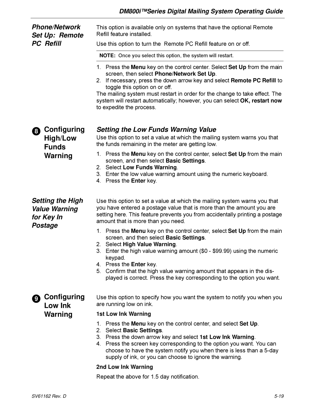 Pitney Bowes DM800i Series manual Configuring High/Low Funds Warning, Configuring Low Ink Warning 