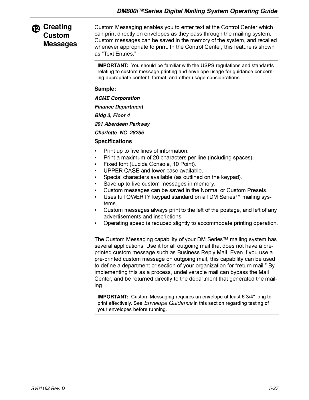 Pitney Bowes DM800i Series manual Sample, Specifications 