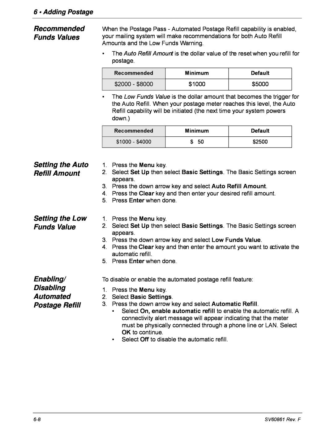 Pitney Bowes DM900 Recommended Funds Values Setting the Auto Refill Amount, Postage Refill, Adding Postage, $2000 - $8000 