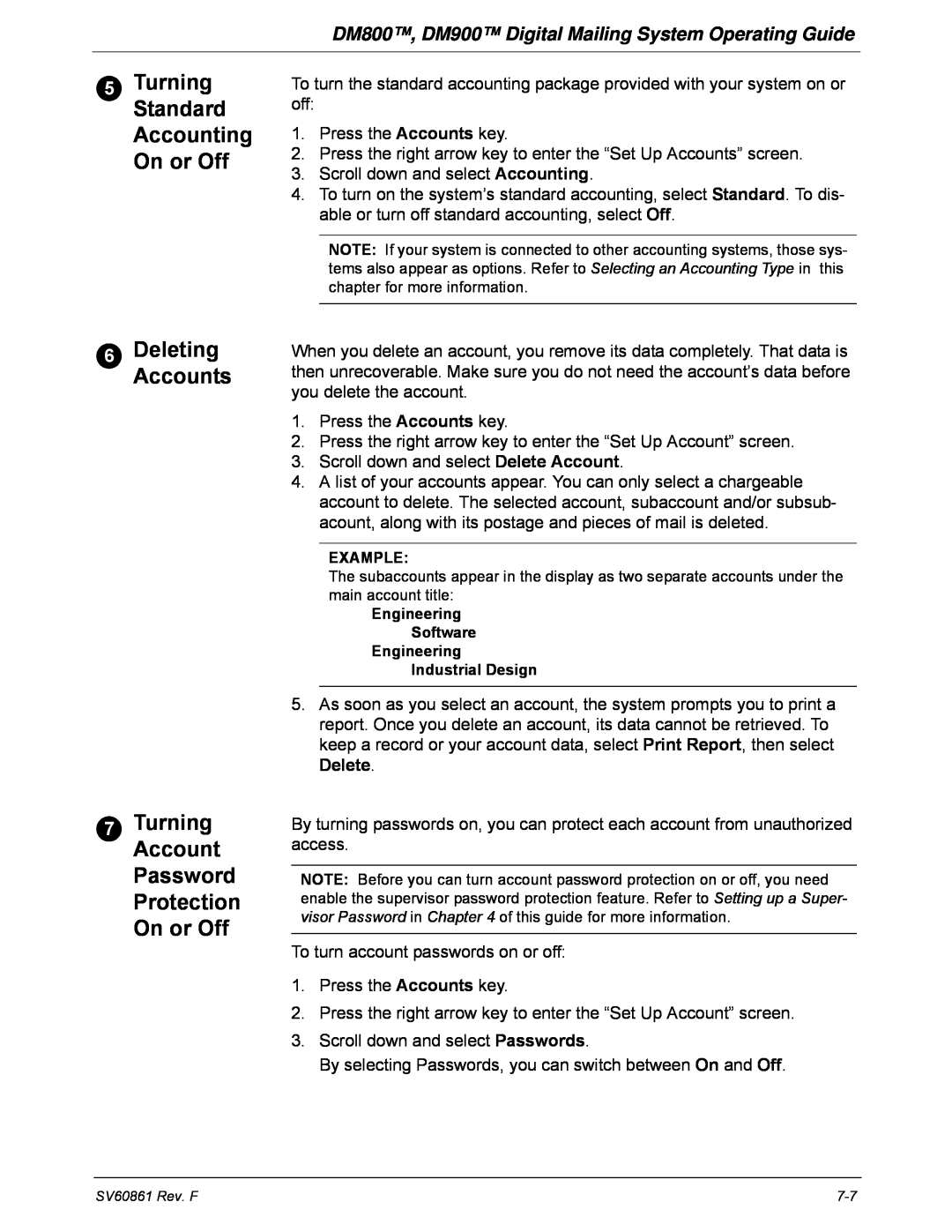 Pitney Bowes manual DM800, DM900 Digital Mailing System Operating Guide, DeletingAccounts, Example 