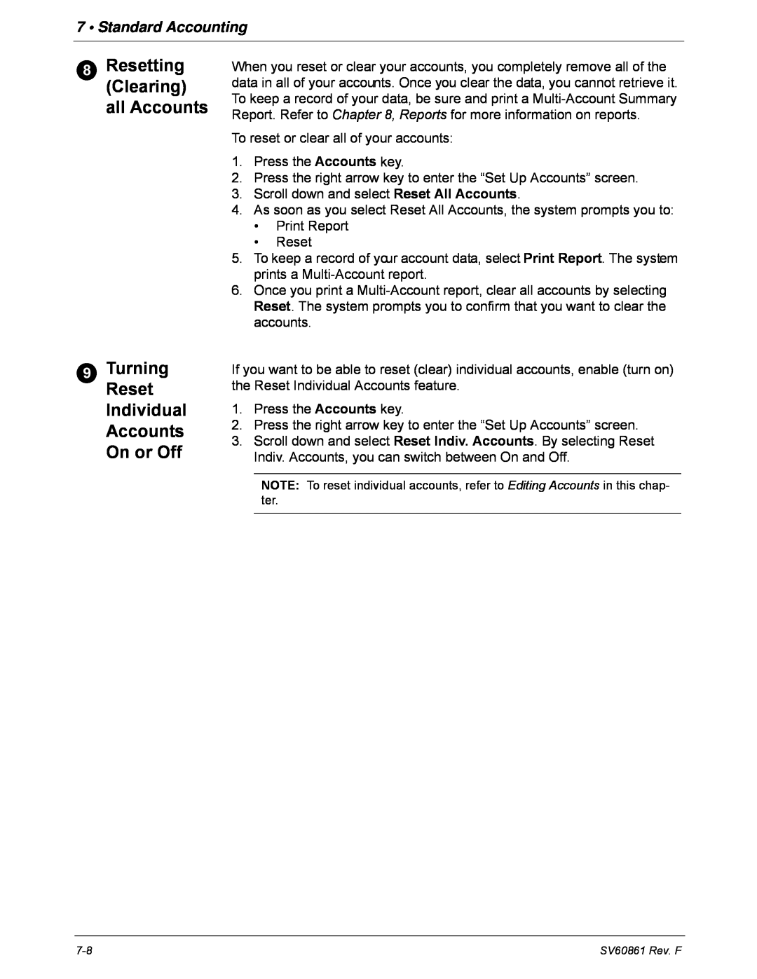 Pitney Bowes DM900, DM800 Standard Accounting, TurningReset Individual Accounts On or Off, ResettingClearing all Accounts 