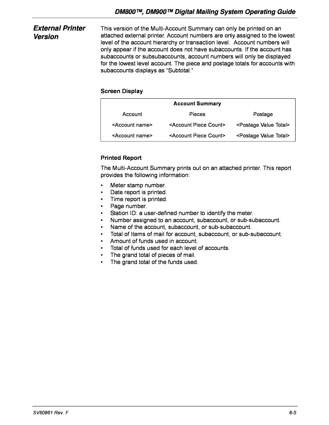 Pitney Bowes manual External Printer Version, DM800, DM900 Digital Mailing System Operating Guide, Screen Display 