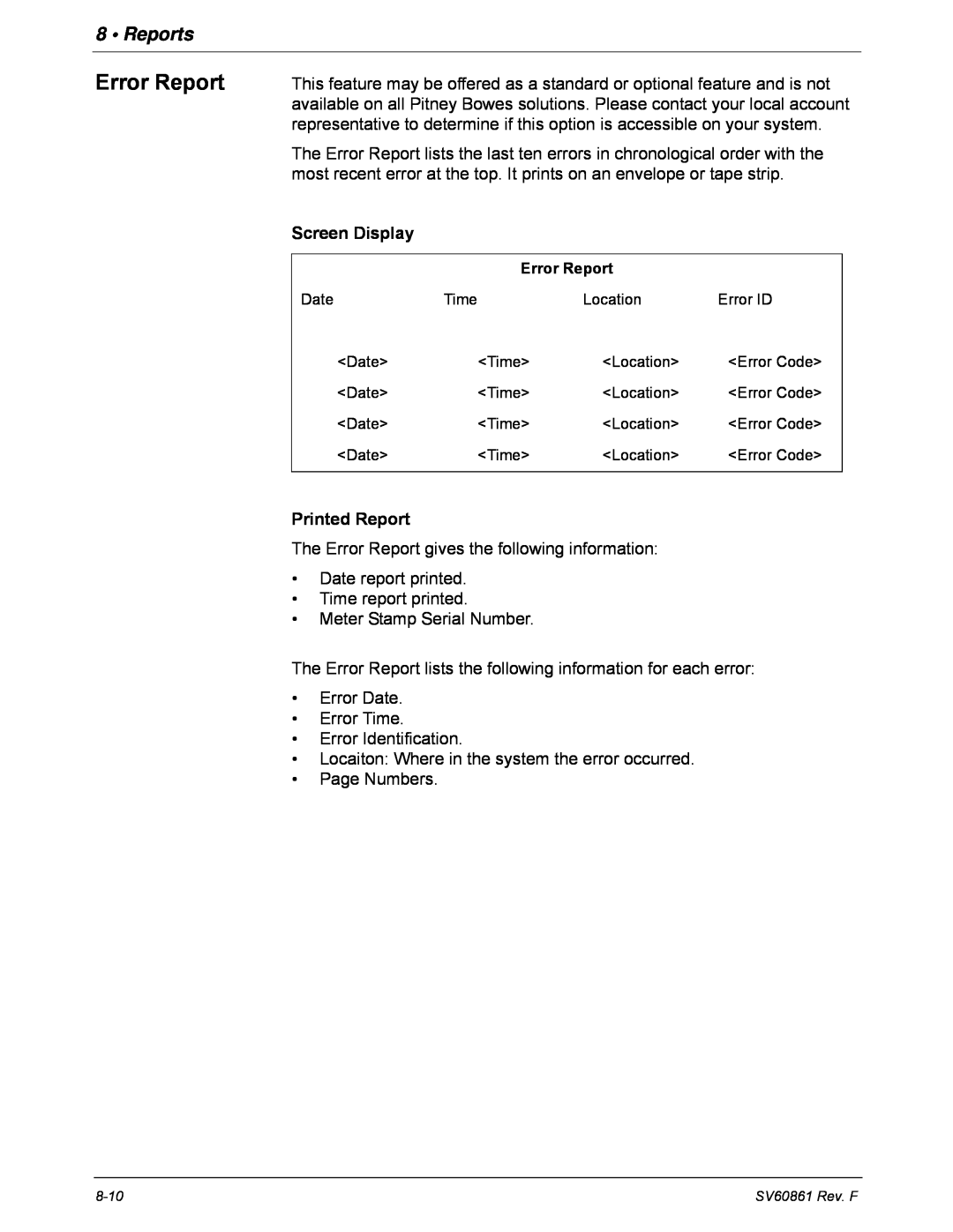 Pitney Bowes DM900, DM800 manual Error Report, Reports, Screen Display, Printed Report 