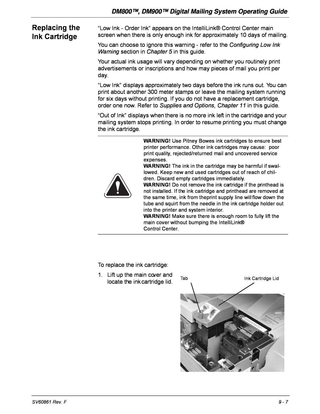 Pitney Bowes manual Replacing the Ink Cartridge, DM800, DM900 Digital Mailing System Operating Guide 