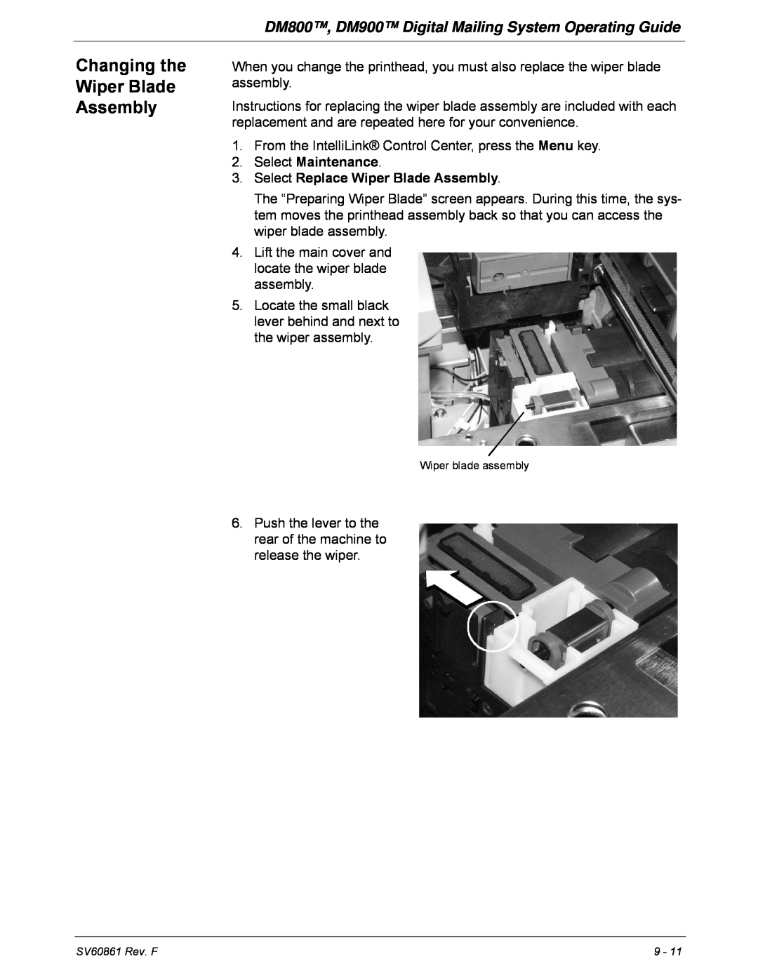 Pitney Bowes manual Changing the Wiper Blade Assembly, DM800, DM900 Digital Mailing System Operating Guide 